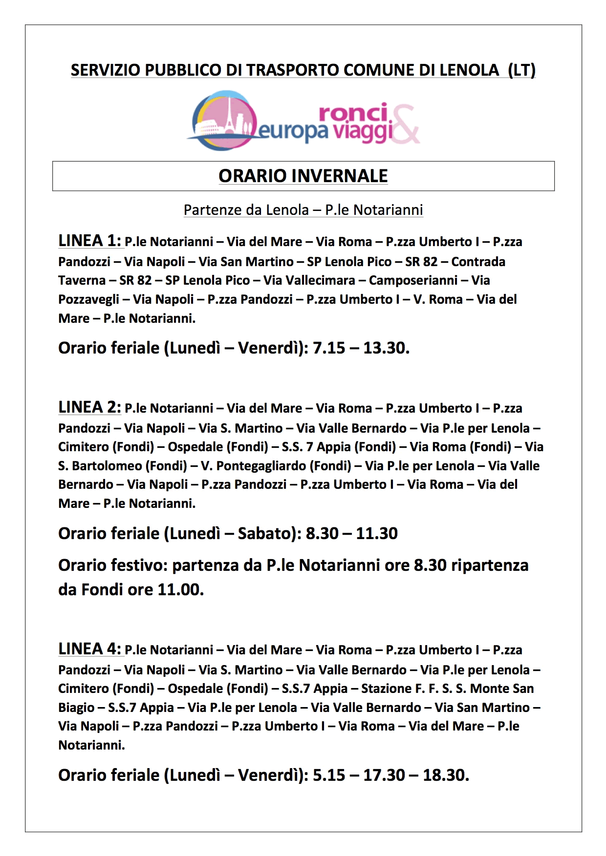 Orario Trasporto Pubblico Locale Comune di Lenola